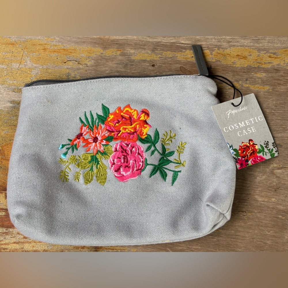 New Paperchase Primavera Gray Embroidered Colorful Floral Cosmetic Bag